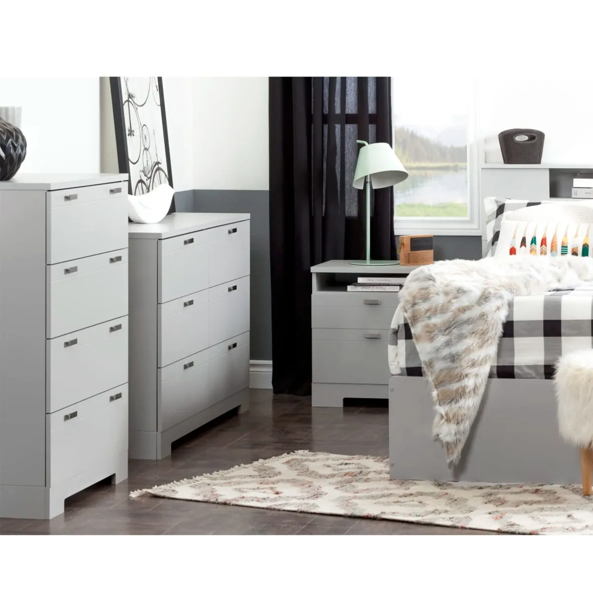 South Shore Reevo Table de Nuit avec organisateur de fils - Gris Clair