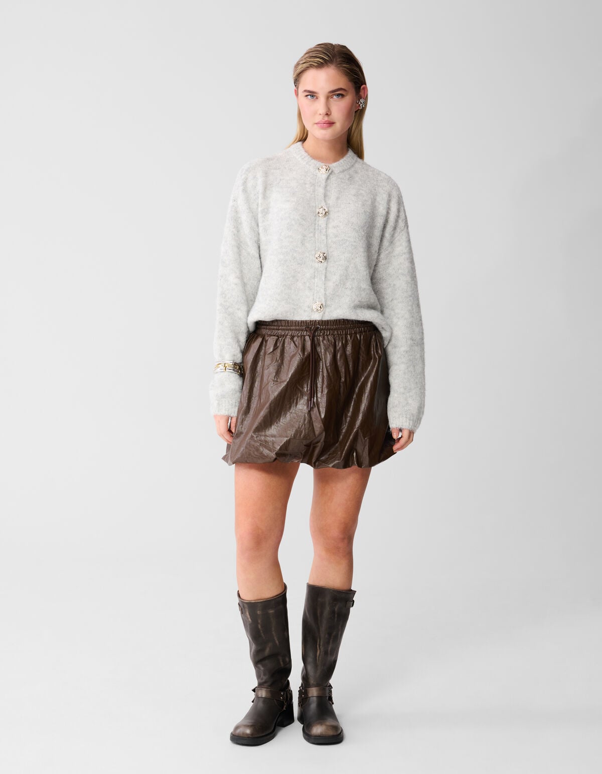 Vegan Leren Balloon Fit Mini Rok Bruin