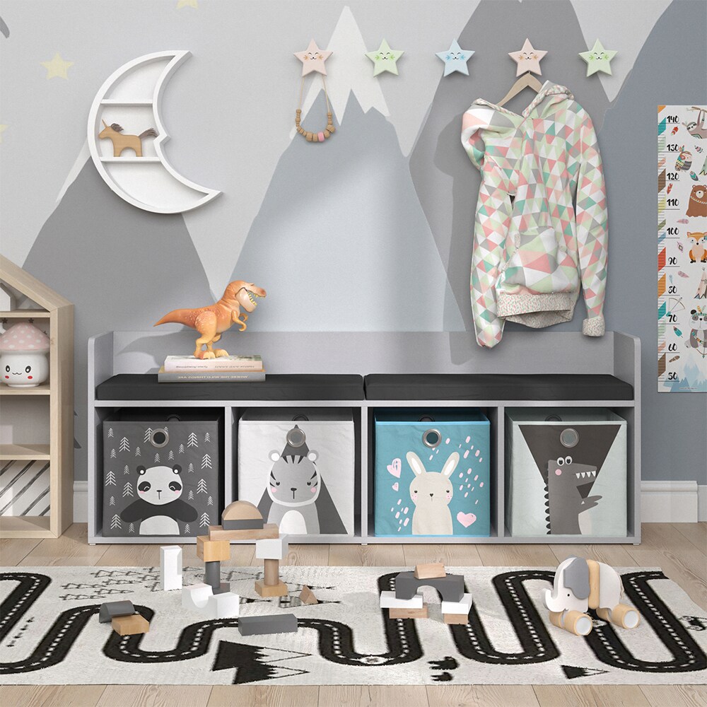 Vicco Sitzbank Kinderzimmerbank Kinderregal Luigi Hellgrau 142x53 cm modern Faltbox Kinderzimmer Regal Aufbewahrungsregal Bücherregal Lesebank Spielzeugaufbewahrung Organizer Regal-Bank-Kombi 4 Fächer