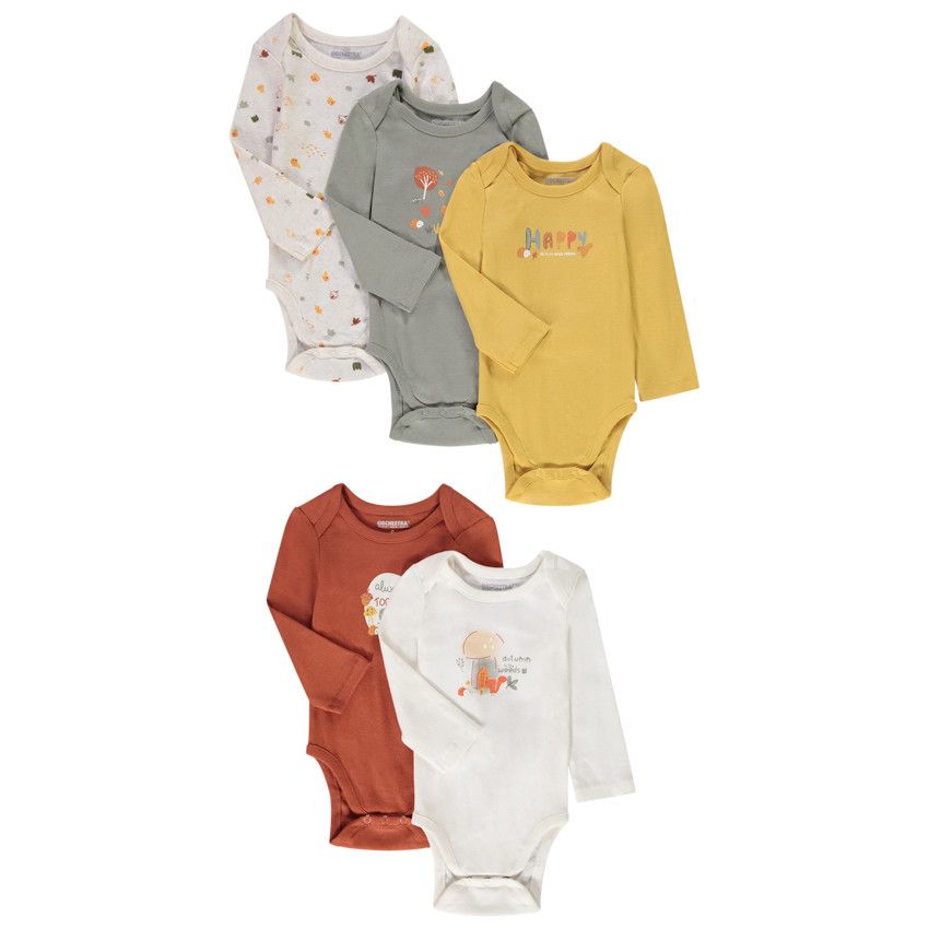Lot de 5 bodies manches longues motifs forêt pour bébé garçon - Jaune