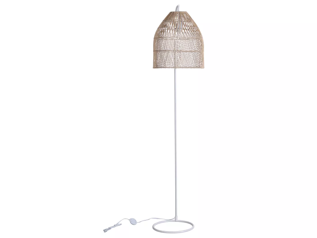 Lampadaire ethnique en fer et rotin - H.177 cm - naturel et blanc - PARNAIBA