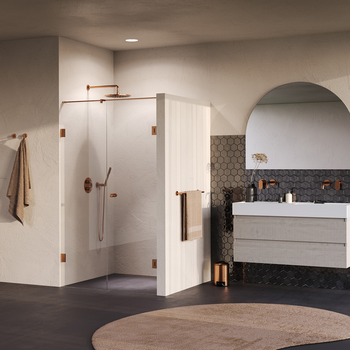 Brauer Void Carving profielloze nisdeur 110cm met draaideur 60cm aan muur koper geborsteld PVD