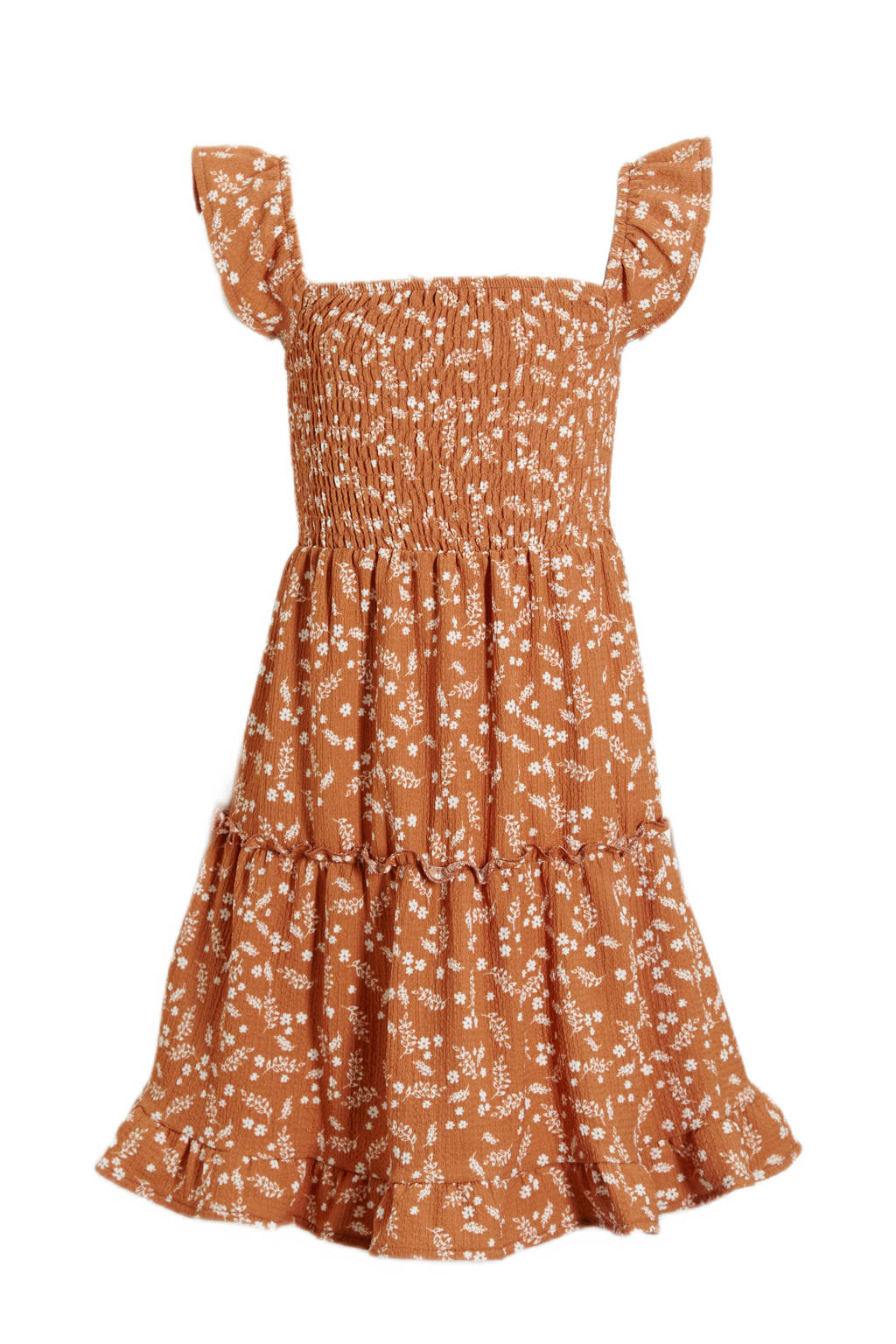 anytime crinkle jurk met all over print lichtbruin