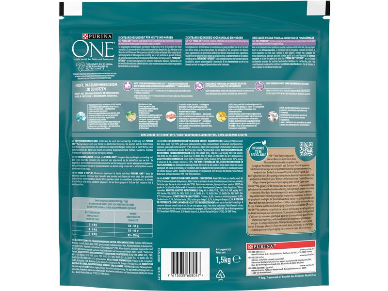 Purina ONE Trockenfutter Sensitive Truthahn & Reis, 1.5 kg Alleinfuttermittel für ausgewachsene- und Senior-Katzen