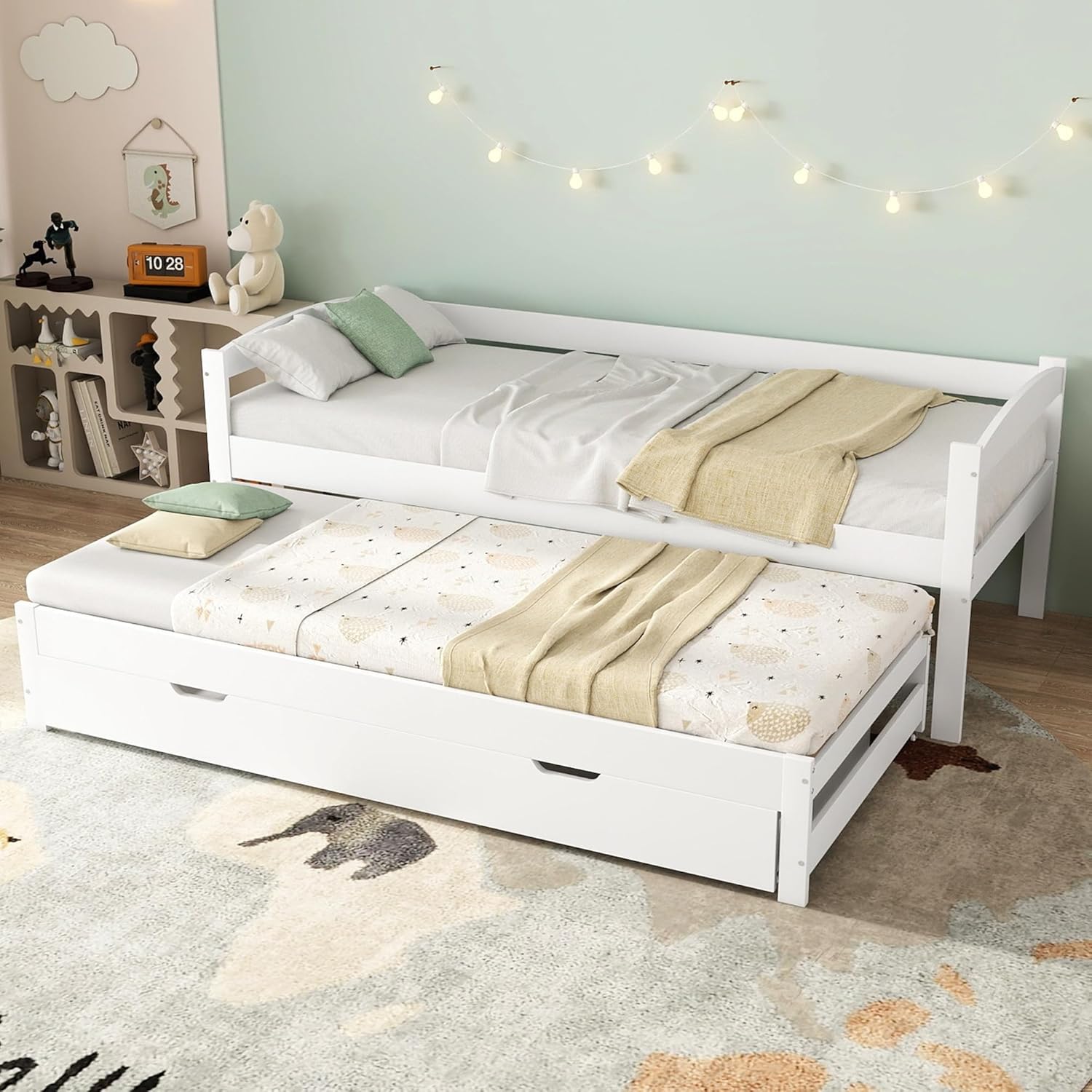 Merax Schlafsofa 90x200 cm, Tagesbett mit 2 Schubladen, Kinderbett Funktionsbett mit Lattenrost, Ausziehbett Einzel und Doppelbett, Massivholzrahmen, für Mädchen & Jungen, Weiß