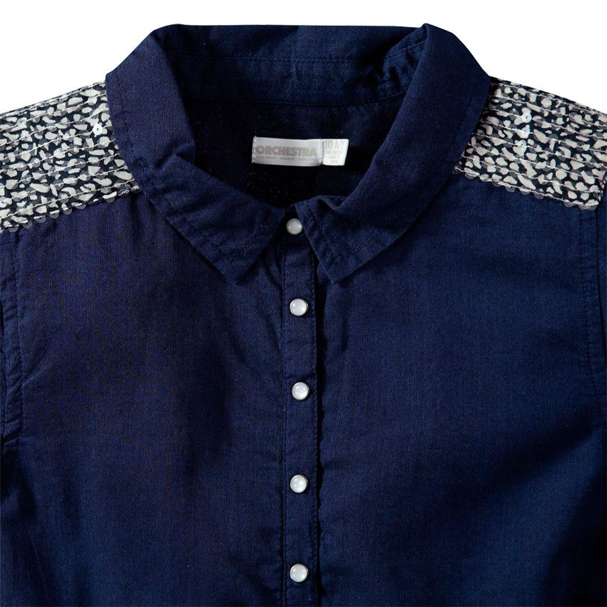 Junior - Robe chemise manches longues avec empiècements à sequins - Bleu marine