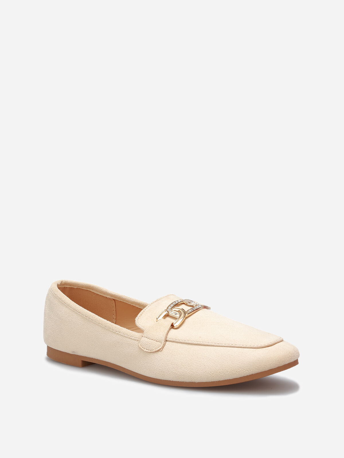 Mocassins en suédine à boucle en strass- Beige