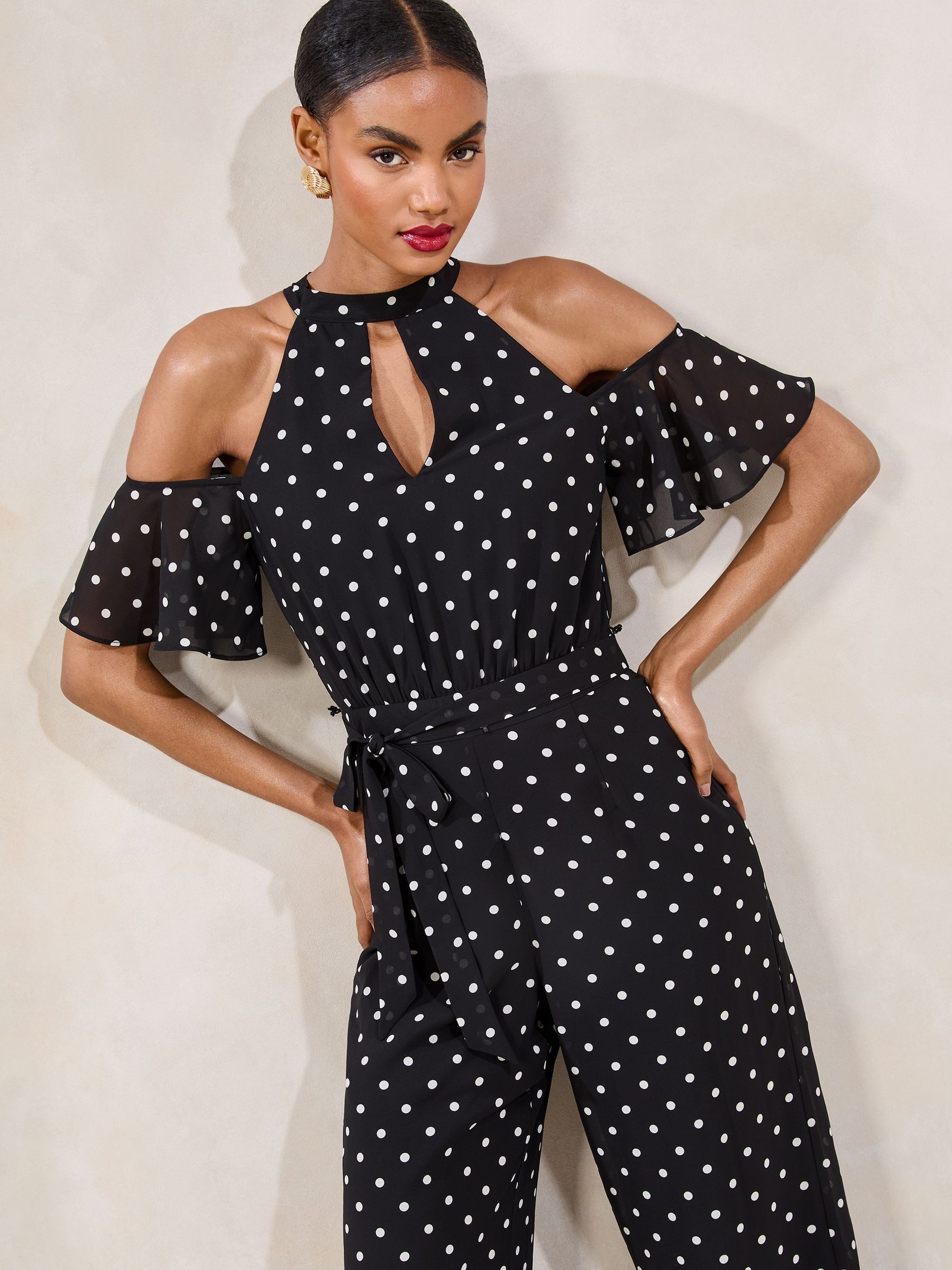 Lipsy Polka Dot Cold Shoulder Jumpsuit