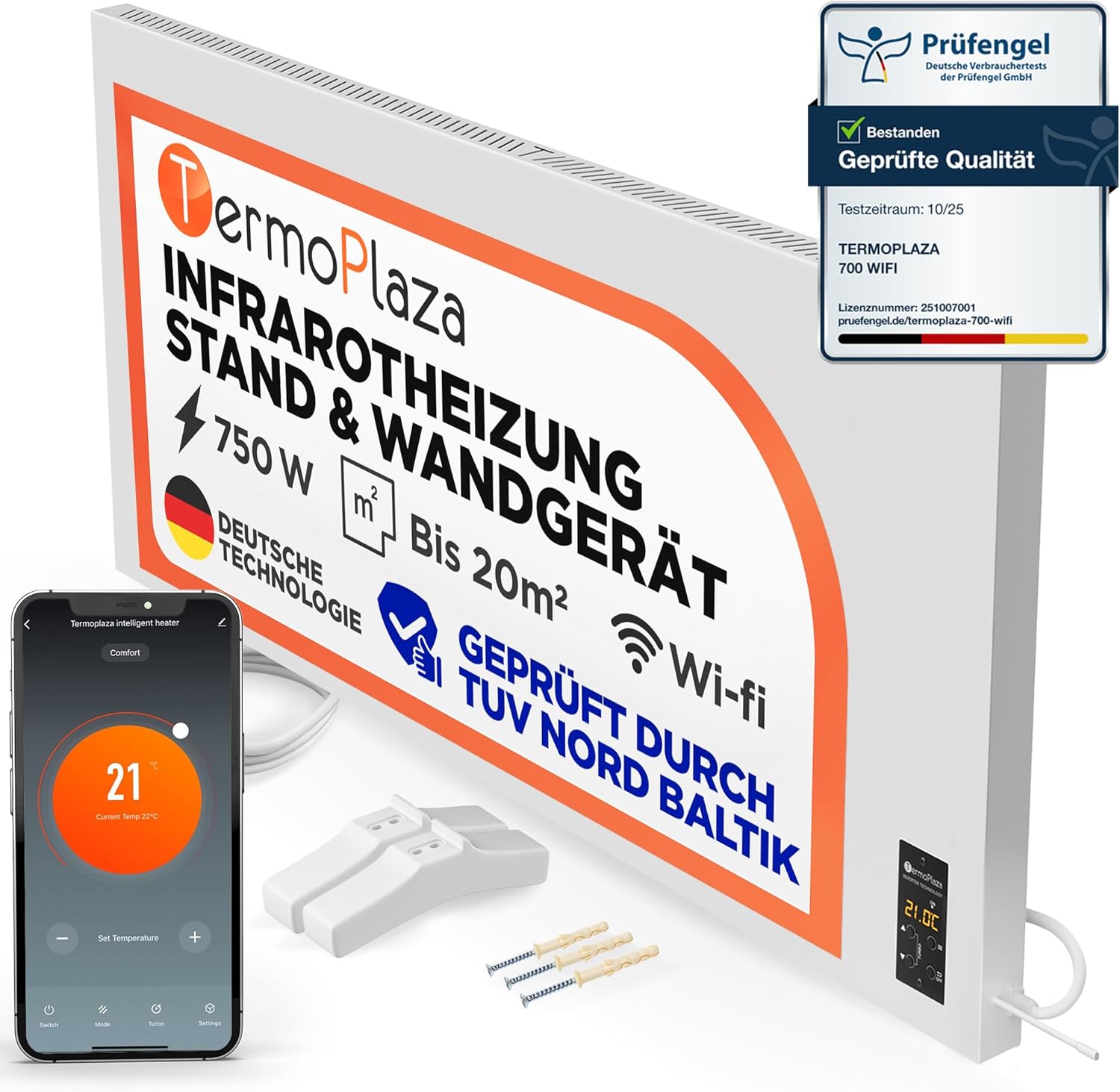 WLAN Infrarotheizung mit Thermostat 750 W bis 20 m² | Intelligente Infrarot Wandheizung & Standgerät | Energiesparende Infrarot Elektroheizung & Konvektor Heizung für Zuhause und Badezimmer