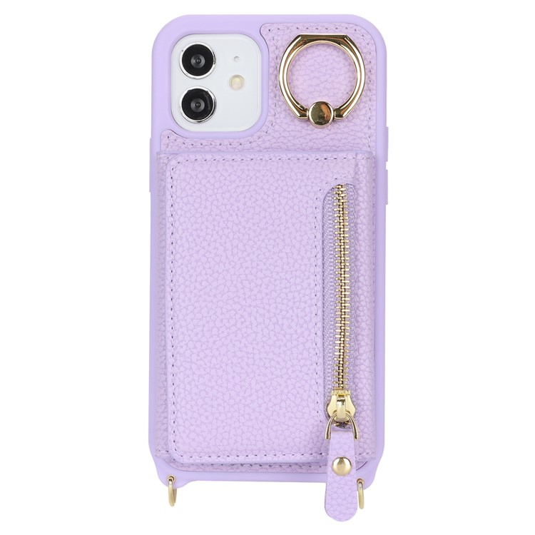 iPhone 12 / iPhone 12 Pro Necklace Leder Hülle mit Münzfach und Kartenfächer   Finger Griff Halterung   Handykette - Lila