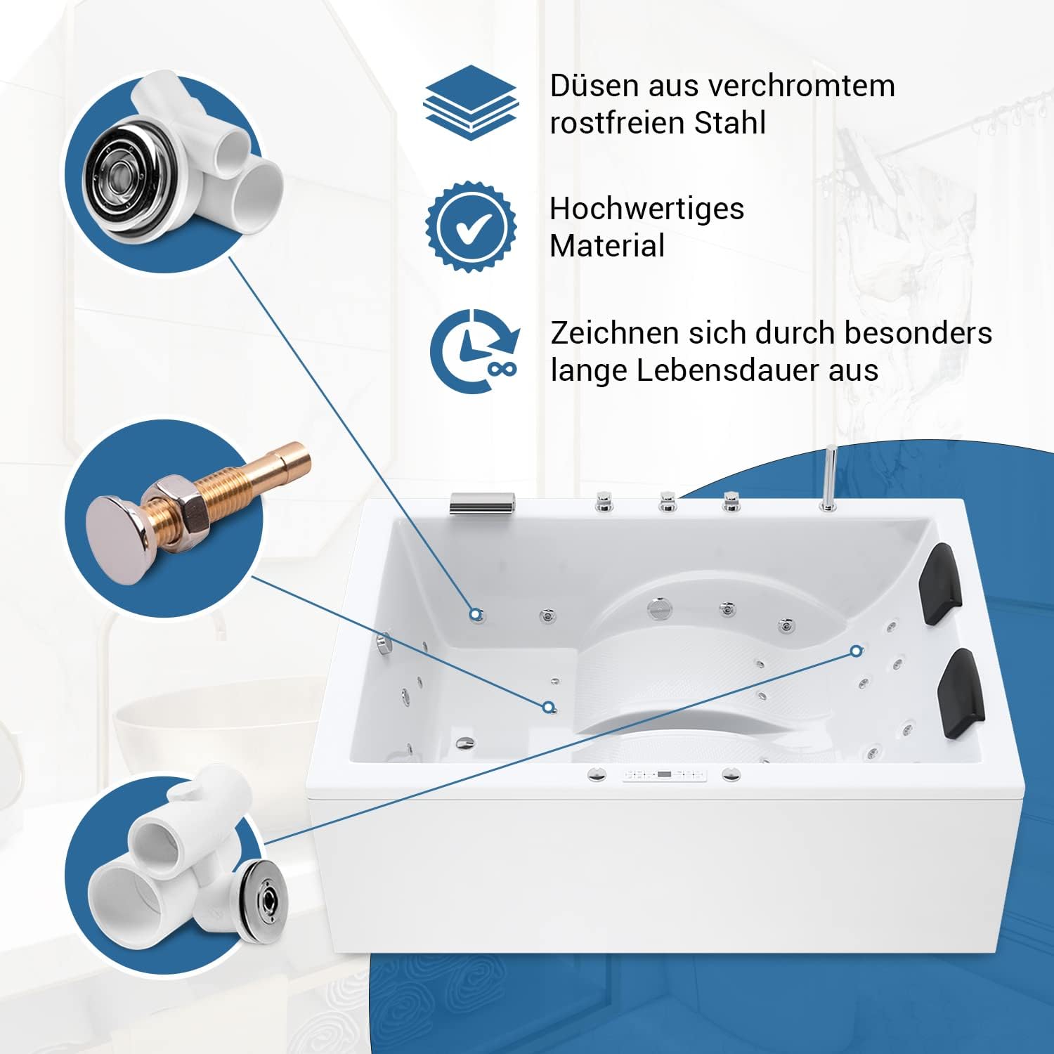 AQUADE Jacuzzi 2 Person Whirlpool Marburg LUX XL 180x130 mit LED Whirlpool Beleuchtung, Armatur Whirlpool Badewanne & Badekissen für Badewanne Whirlpool 2 Personen/Badewanne Komplett Set