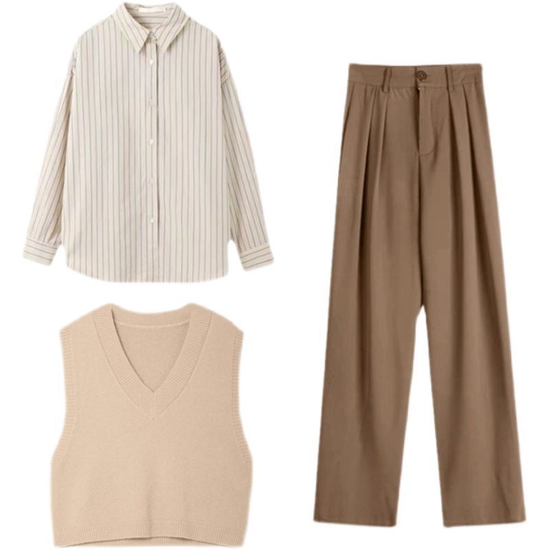 Leoom - Gestreept overhemd / Effen trui/vest / Broek