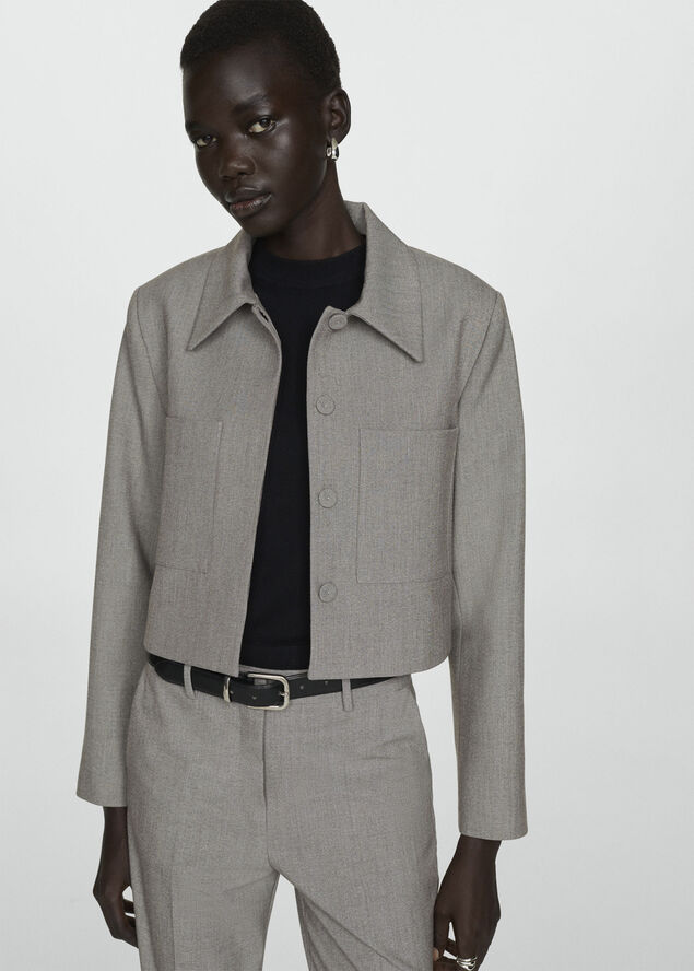 MANGO Cropped jacket with pockets Lt pastel grey
