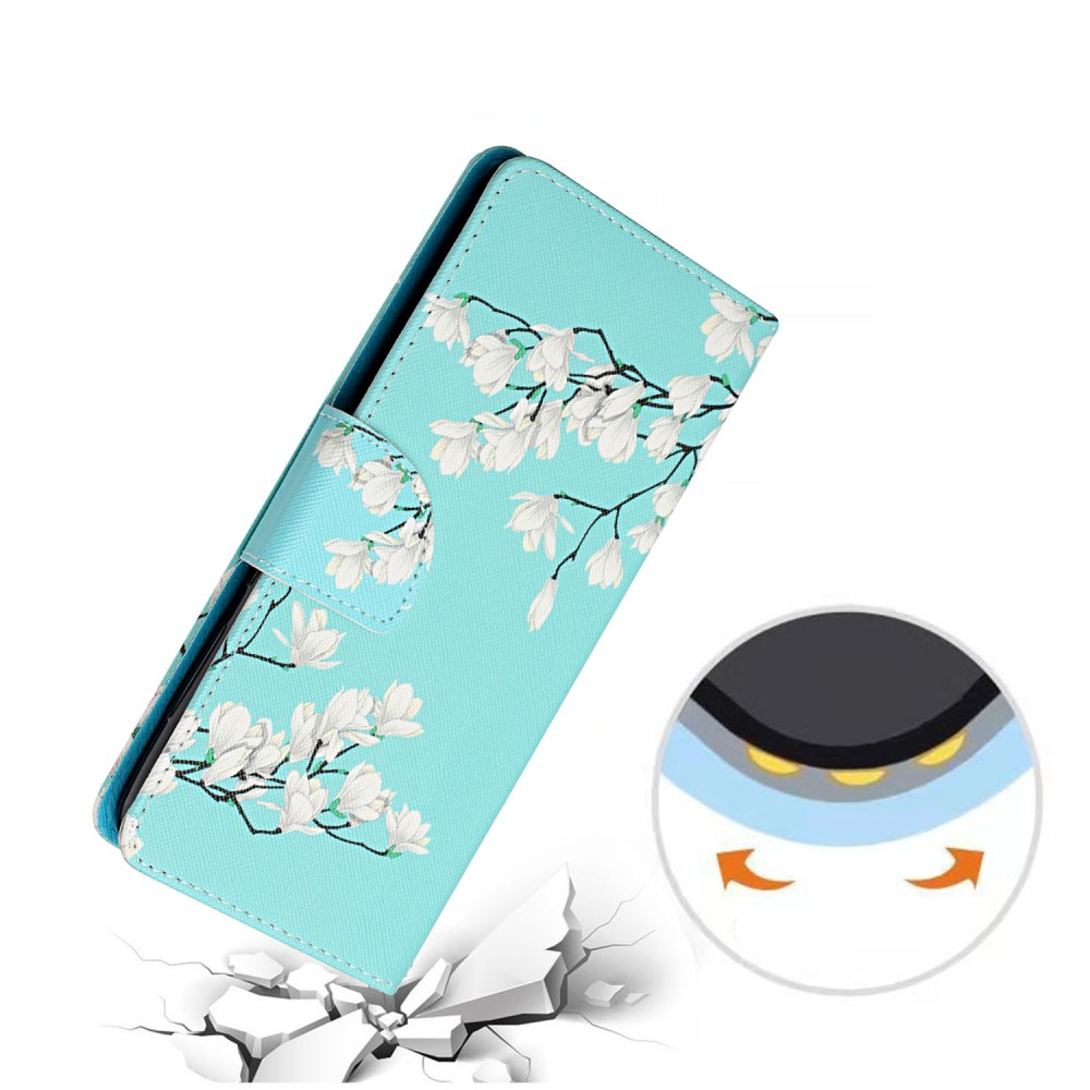 iPhone 13 Pro Leder Tasche mit Kartenfach   Handschlaufe Gardenia Blumen - Blau / Weiss