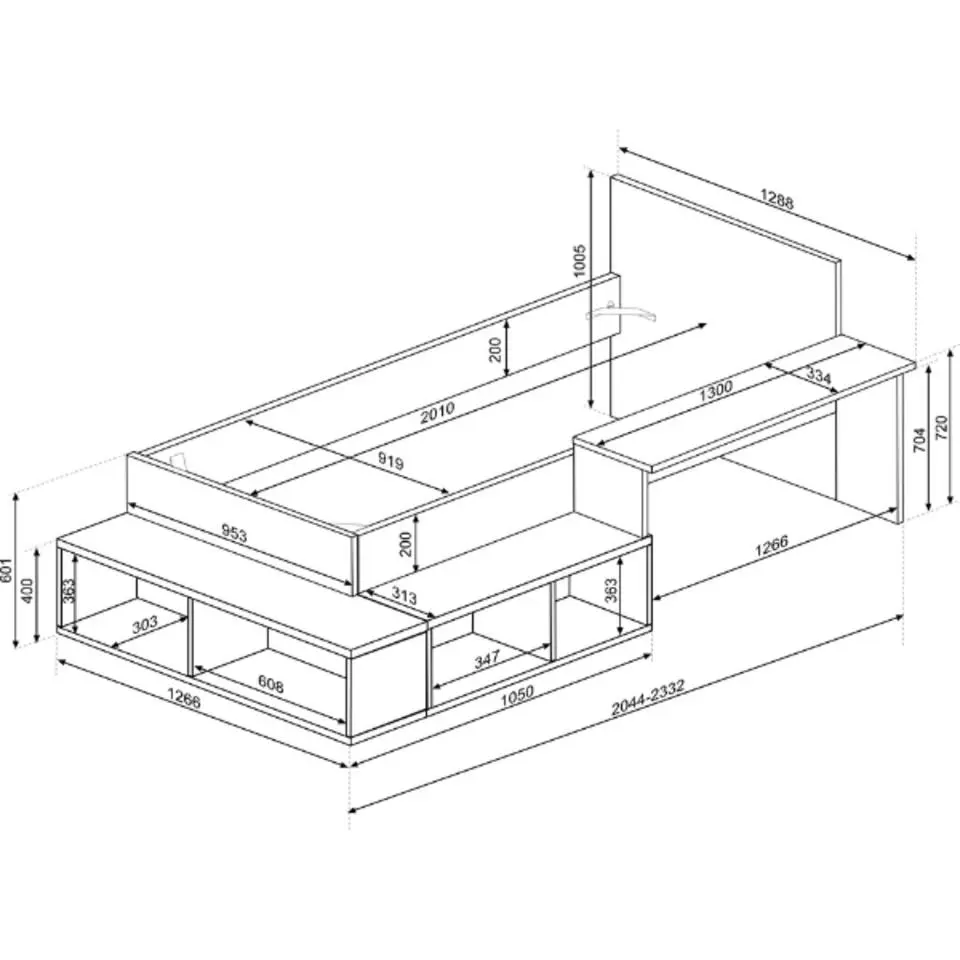 Bed Quinn 90x200 cm met bureau en opbergruimte - grenen/ wit