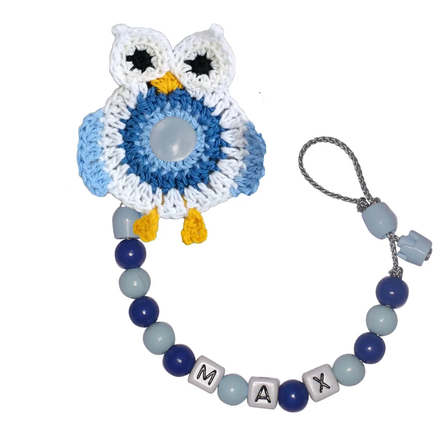 Schnullireich Schnullerkette mit Namen Häkel-Eule Blau