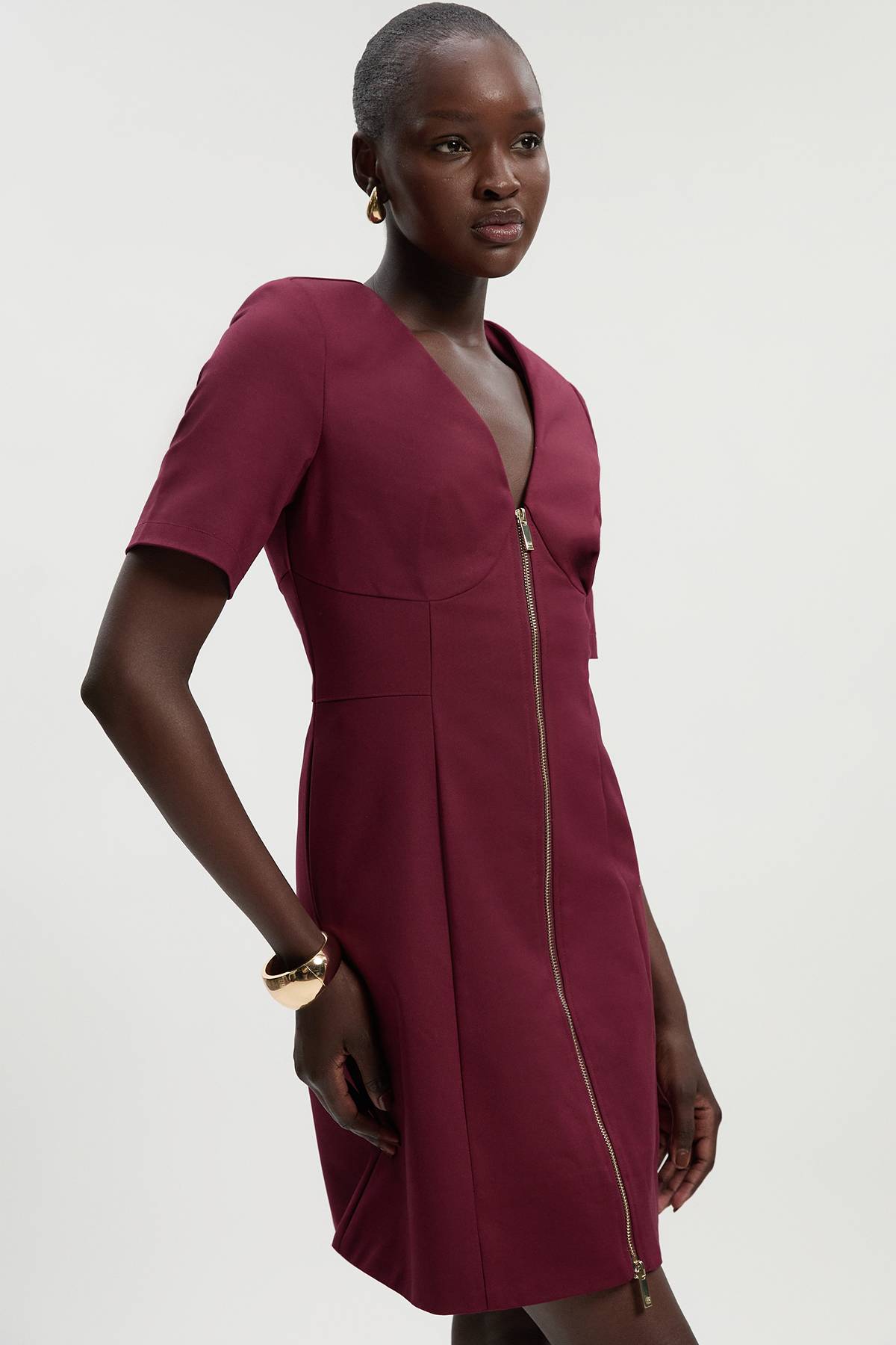 KarenMillen Robe Mini Tissée Manches Courtes Détail Zip en Coton Techno Tall
