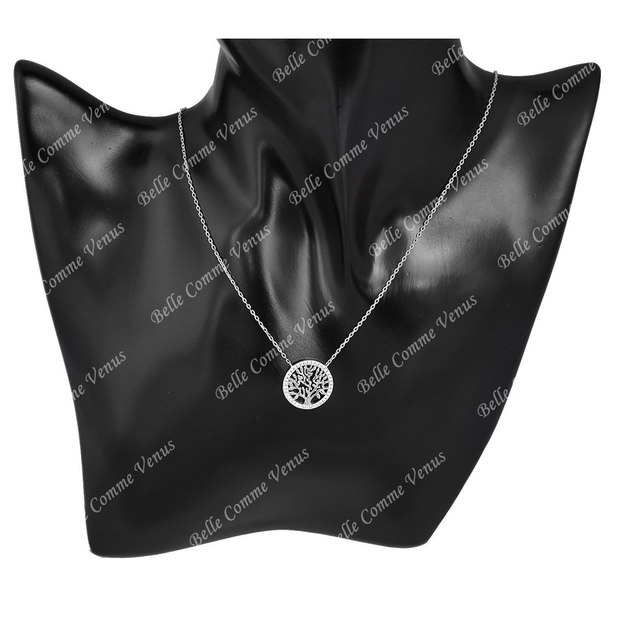 Collier arbre de vie cercle serti d'oxyde de zirconium Argent 925 Rhodié