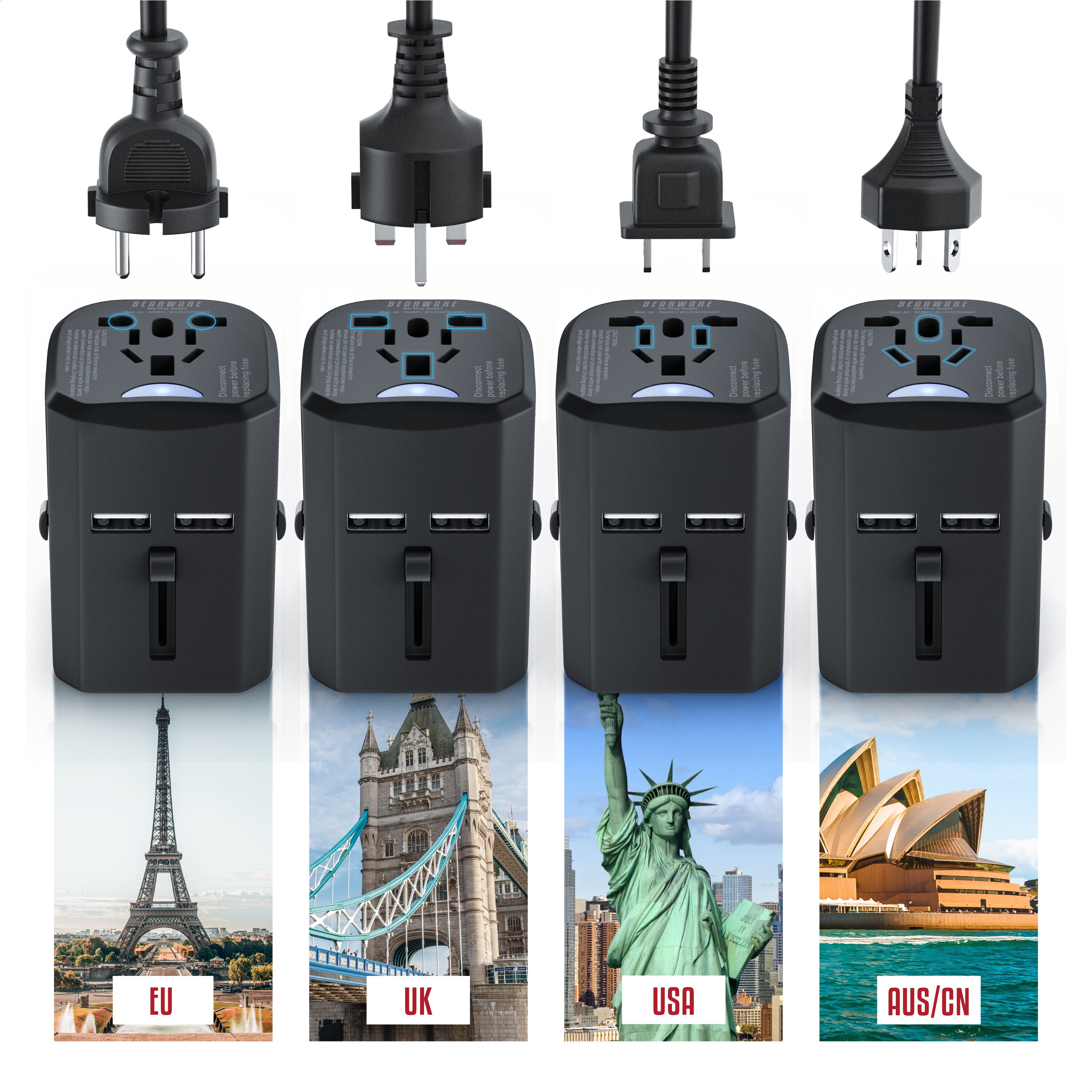 BEARWARE Universal Reiseadapter mit USB Ladestation für über 140 Länder/Regionen /2x USB Buchse