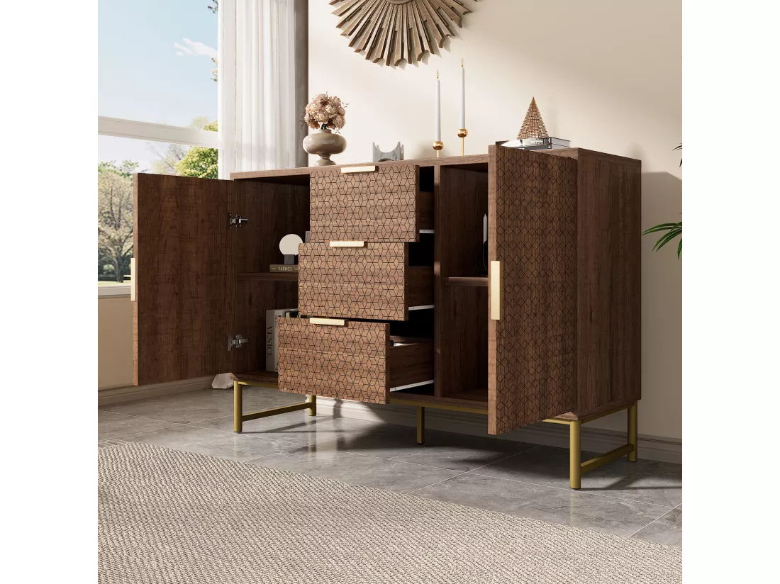 Commode avec 3 tiroirs et 2 portes, compartiments réglables, anti-basculement, 120 x 40 x 75 cm, Panneau de particules et métal, noyer