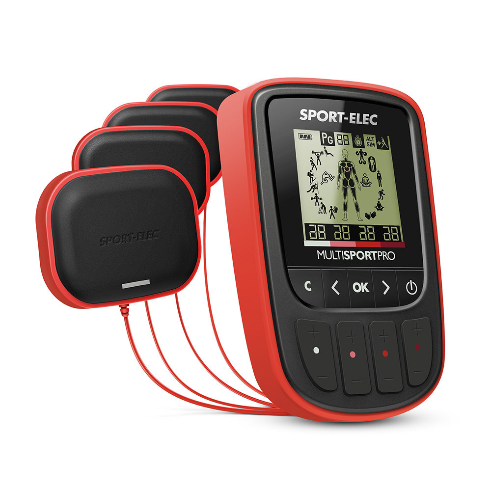 Eletroestimulador muscular Multisport Pro, 4 canais, 14 programas, Sport-elec, conexões de encaixe rápido.