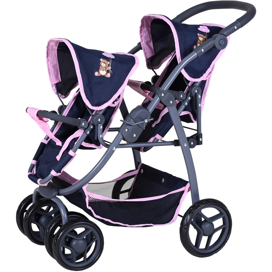 knorr toys® Zwillingspuppenwagen Milo - Navy pink bear blau