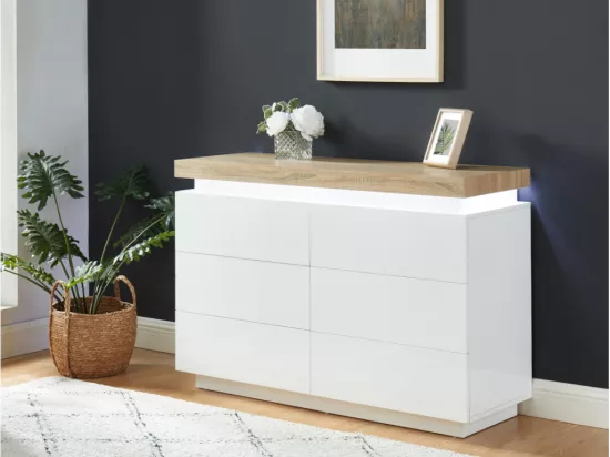 Commode HALO II - 6 tiroirs - MDF laqué - Avec LEDs - Coloris : Blanc et Chêne