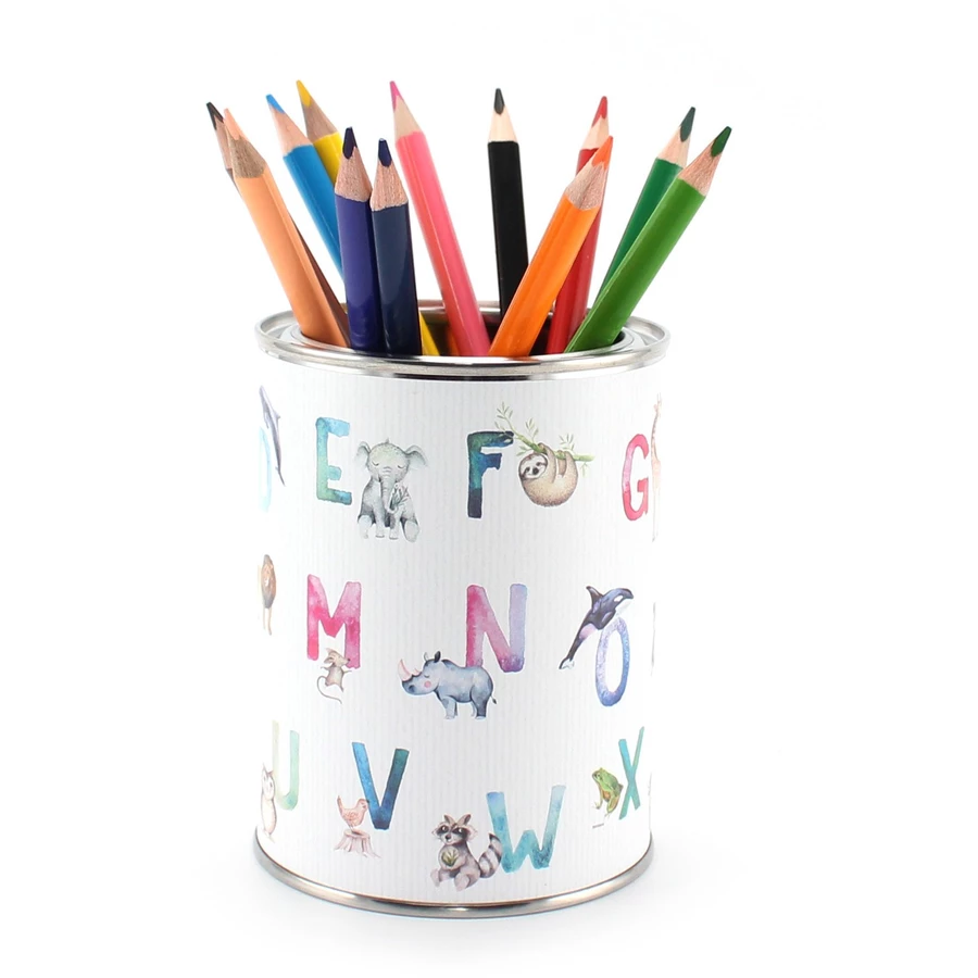 Nikima Stiftebecher Tier ABC Aquarell inkl. 12 Dreikant Buntstiften Stifteköcher weiß