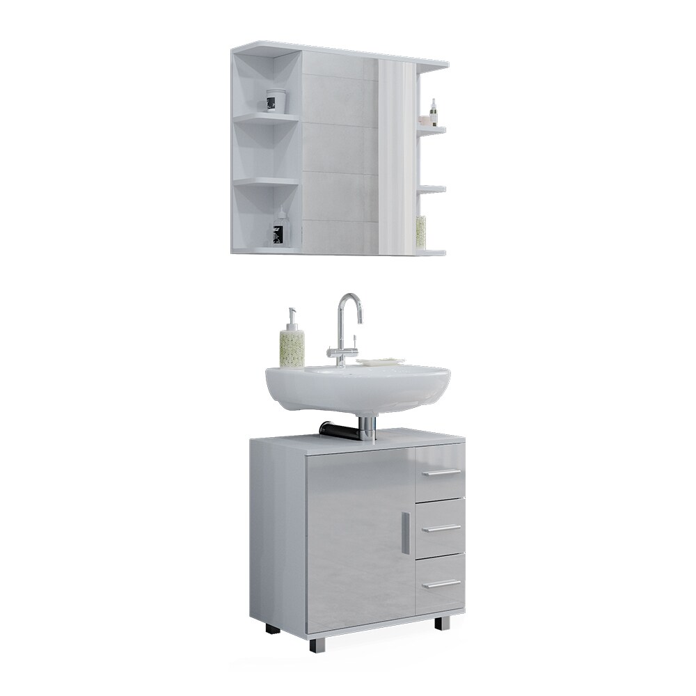 Vicco Badmöbelset Ilias Weiß Hochglanz modern Badezimmer Schrank Badschrank Waschtischunterschrank Spiegelschrank Schranktür Schrankschublade Aufbewahrung