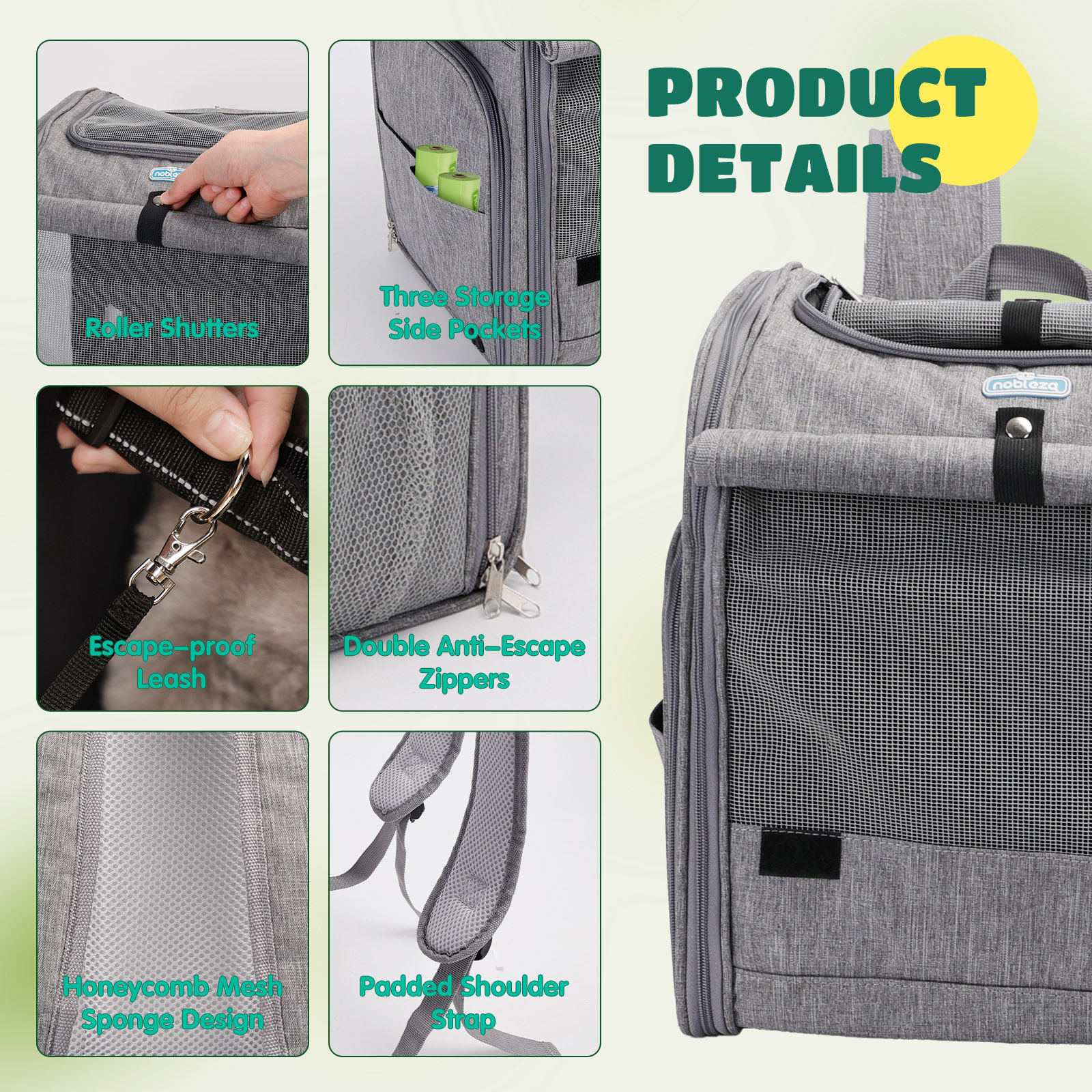 Mochila para transporte de animais de estimação Nobleza, expansível e dobrável, com janela de malha, ideal para cães de pequeno porte com arnês interno, capacidade máxima de carga de 10 kg, cinza.
