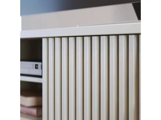 Meuble TV 75 Pouces Blanc Pieds Bois 1 Porte 2 Tiroirs 3 Niches L 200 H 55.2 P 37.7 cm