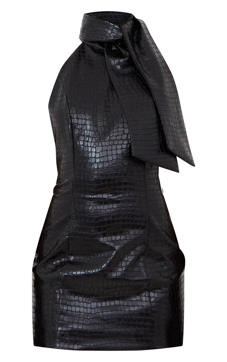 Noir Robe Moulante En SYNTHÉTIQUE Effet Croco Avec Détail Nœud