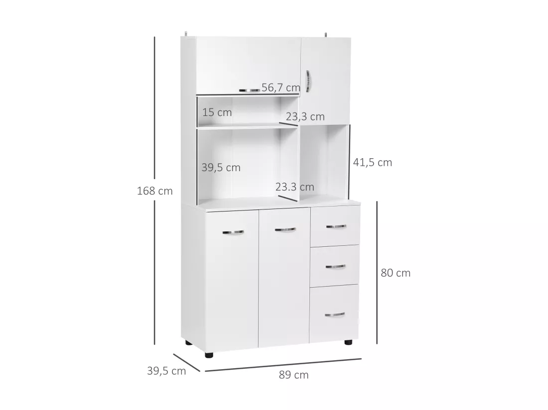 Armoire de cuisine multi-rangement 4 portes 3 tiroirs étagère + grand plateau 89L x 39l x 168H cm MDF blanc