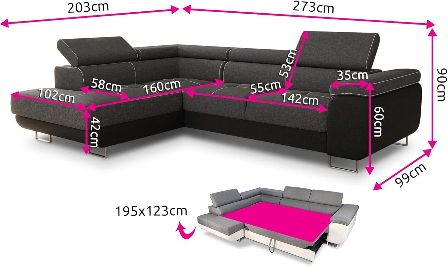 Sofnet Ecksofa Caris mit Schlaffunktion und einstellbare Kopfstützen, Wohnlandschaft mit Bettkasten, Couch, Sofa, Bettsofa (Dunkelblau (Kronos 09), Ecksofa Rechts)