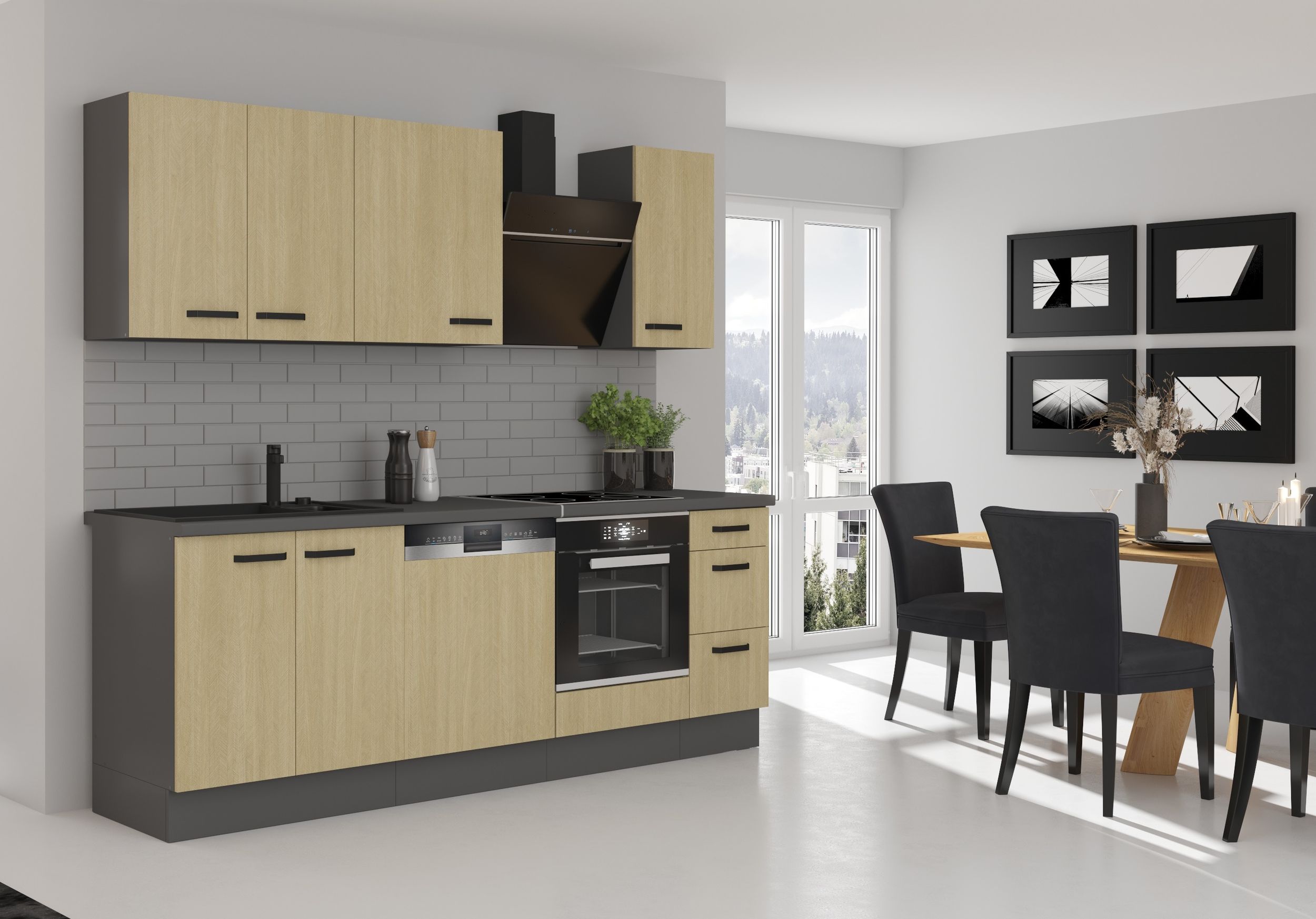 Küche SCANDI Basic 240 cm Fischgrät Optik Küchenzeile Küchenblock Einbauküche