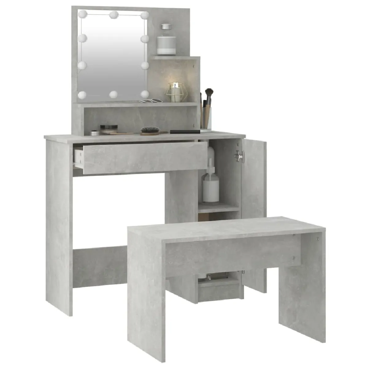 vidaXL Coiffeuse avec LED gris béton 86,5x35x136 cm