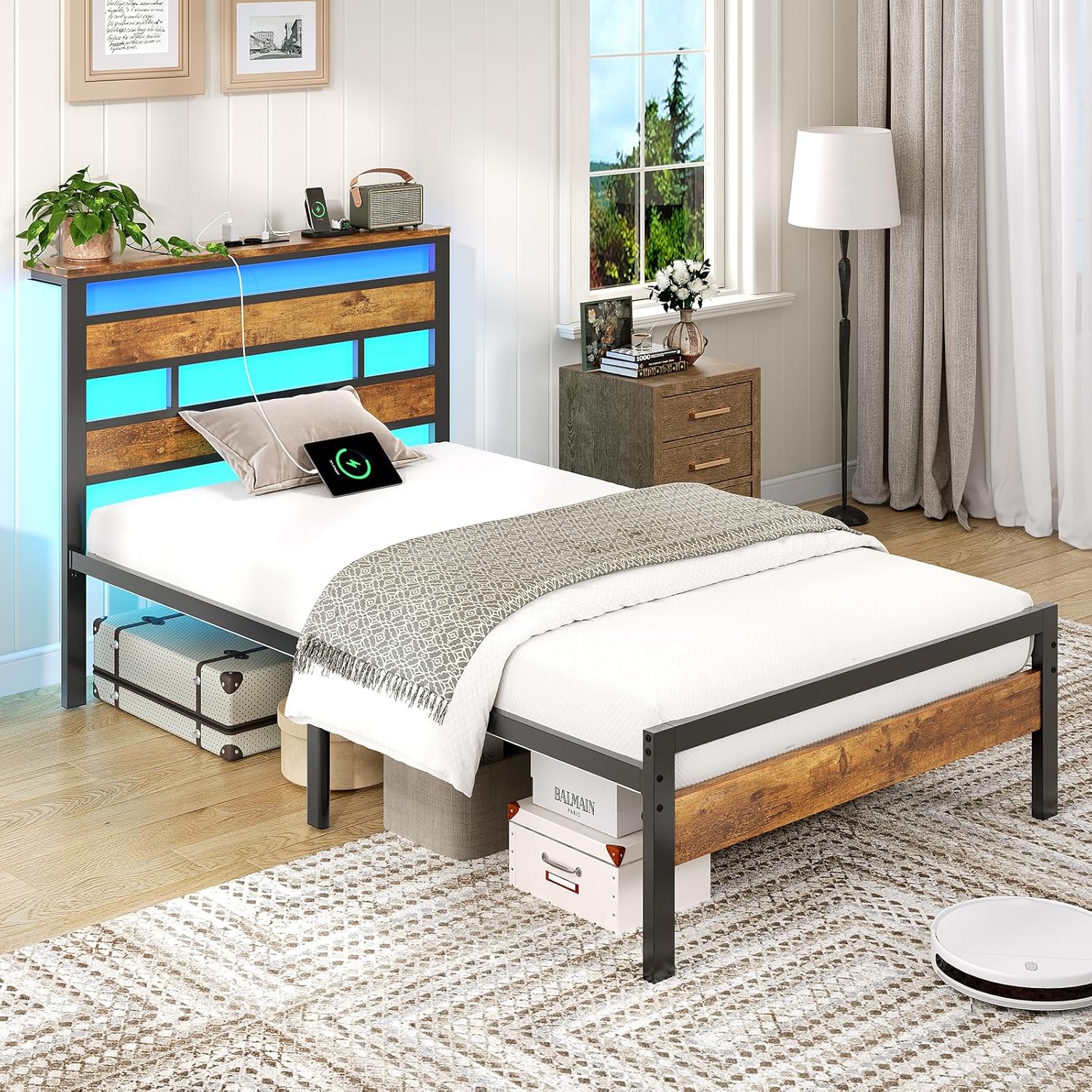 Bett 90x200 mit Lattenrost aus Metall, Einzelbett Bettgestell 90x200cm mit LED Beleuchtung und Ladestation (2 AC-Steckdosen, 1 USB-Anschluss und 1 Type-C-Anschluss) Metallbett mit Kopfteil MD1339156