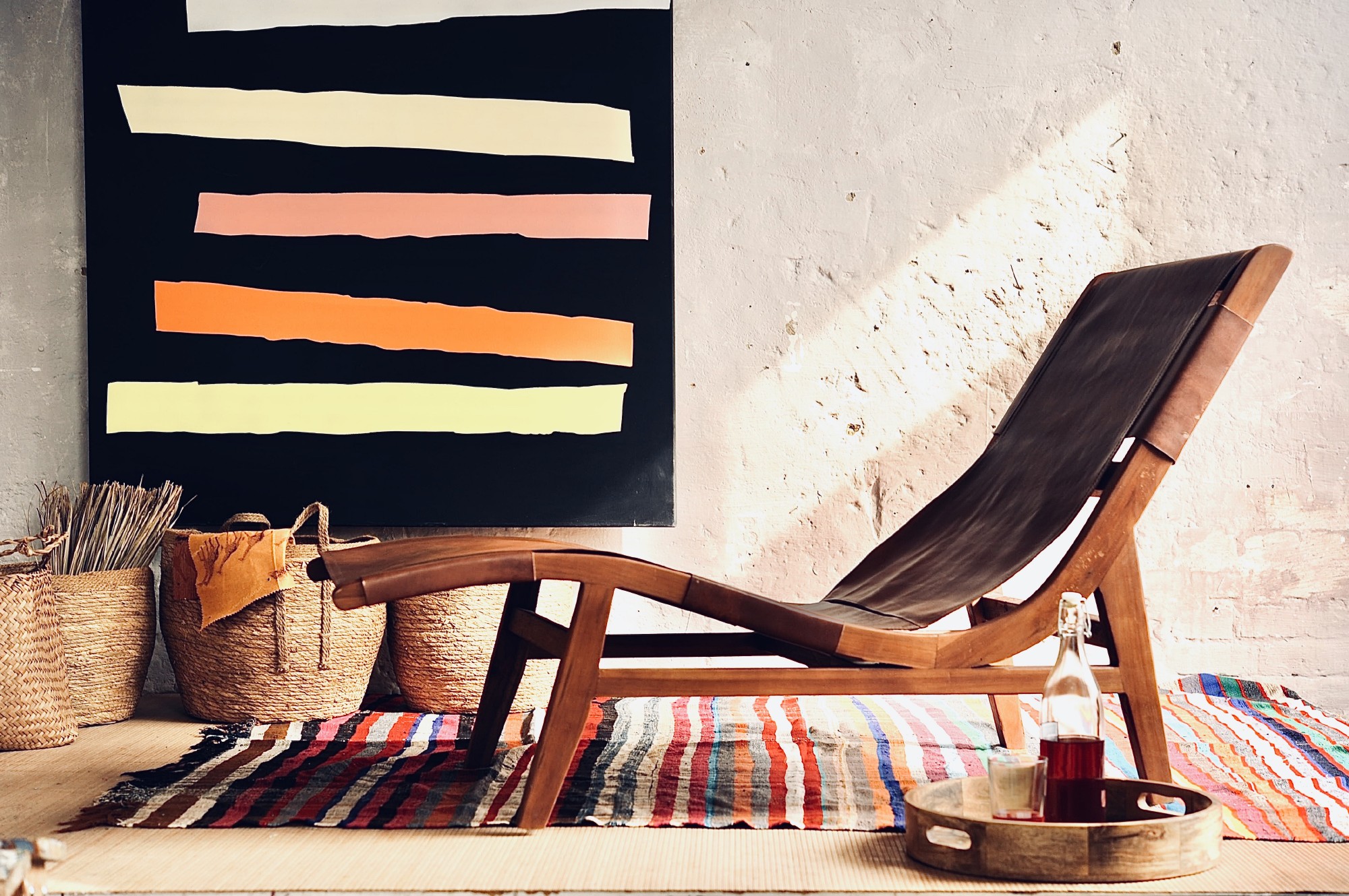 Lounge Liege 'Quency', Teak und Leder, B 61 cm, H 80 cm, L 137 cm von fischer's lagerhaus