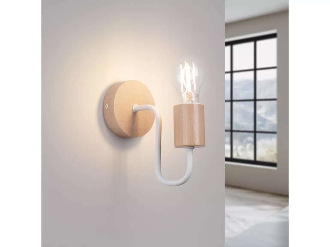Applique Timbo grenier en acier/bois - 1 sources lumineuses - L.8 x H.18,5 cm - blanc/bois naturel