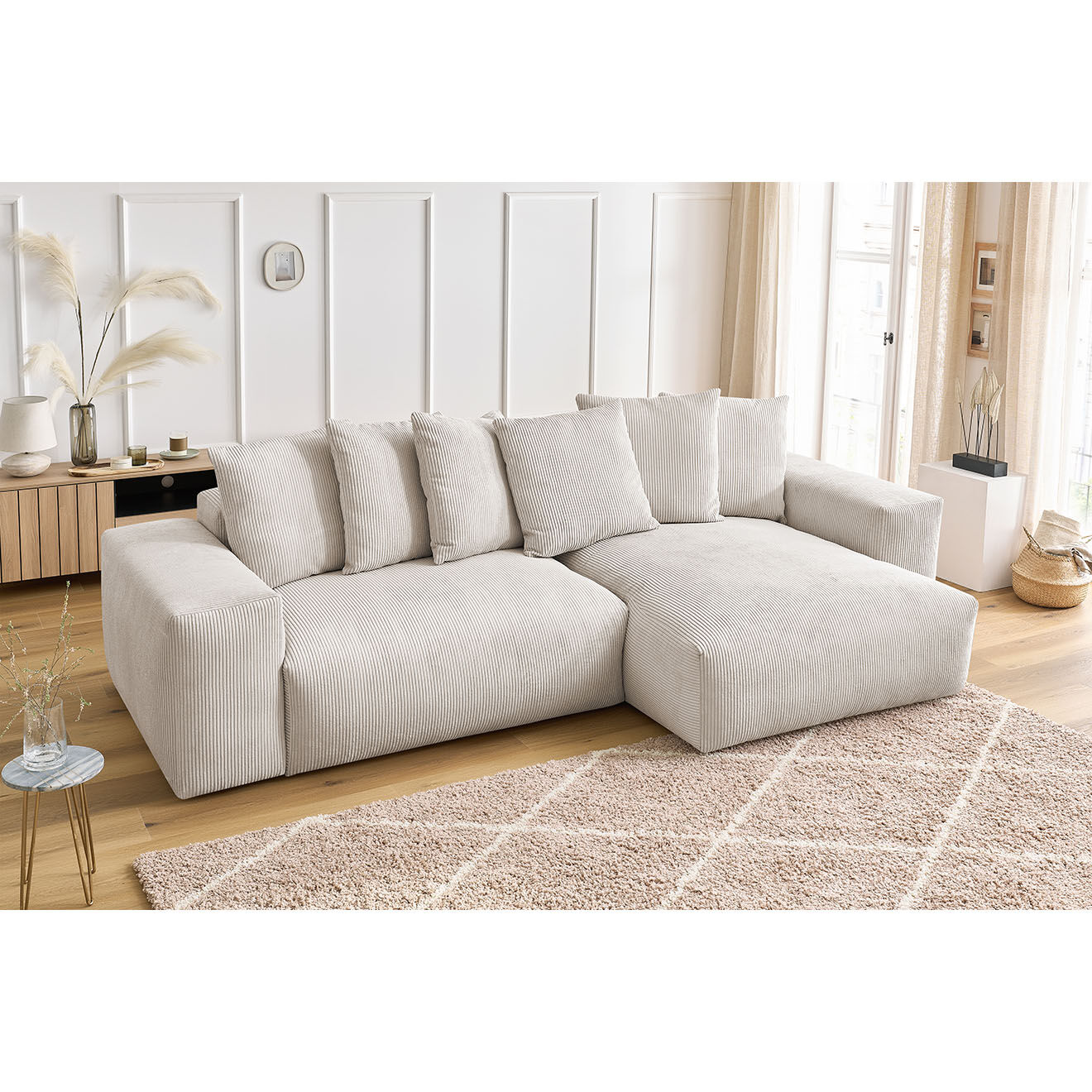Bobochic Canapé d'angle réversible ultra moelleux voltaire velours côtelé beige - 310x174x75 cm