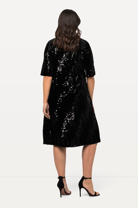 Samtkleid, Pailletten, A-Linie, V-Ausschnitt, 3/4-Arm
