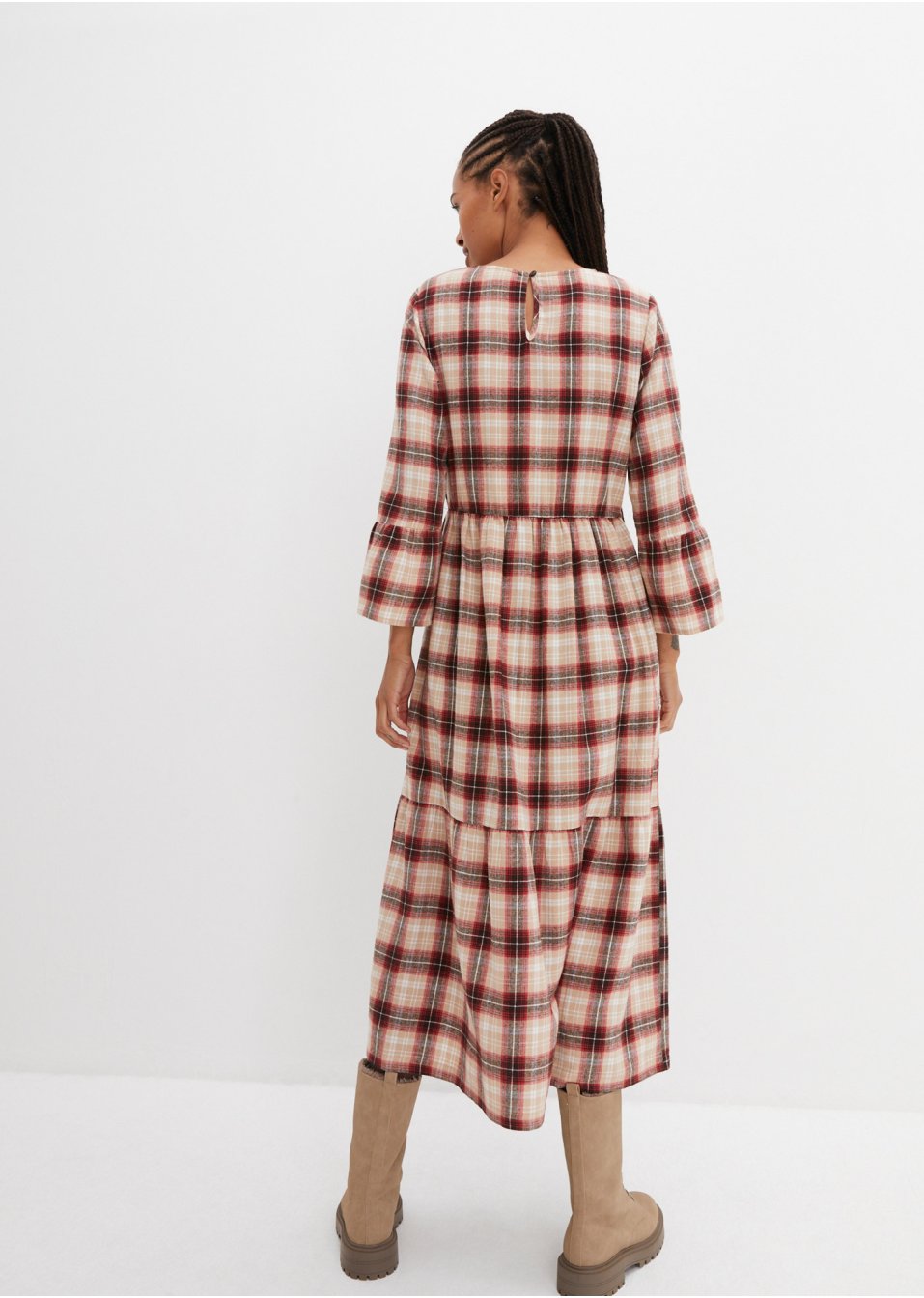 Robe midi évasée en flanelle avec volants