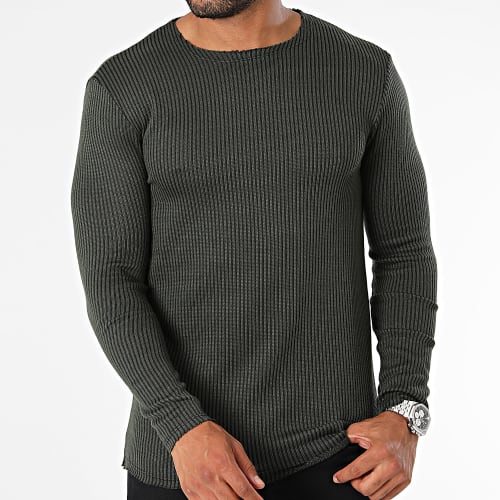 Tee Shirt Manches Longues A Bandes Vert Kaki Noir