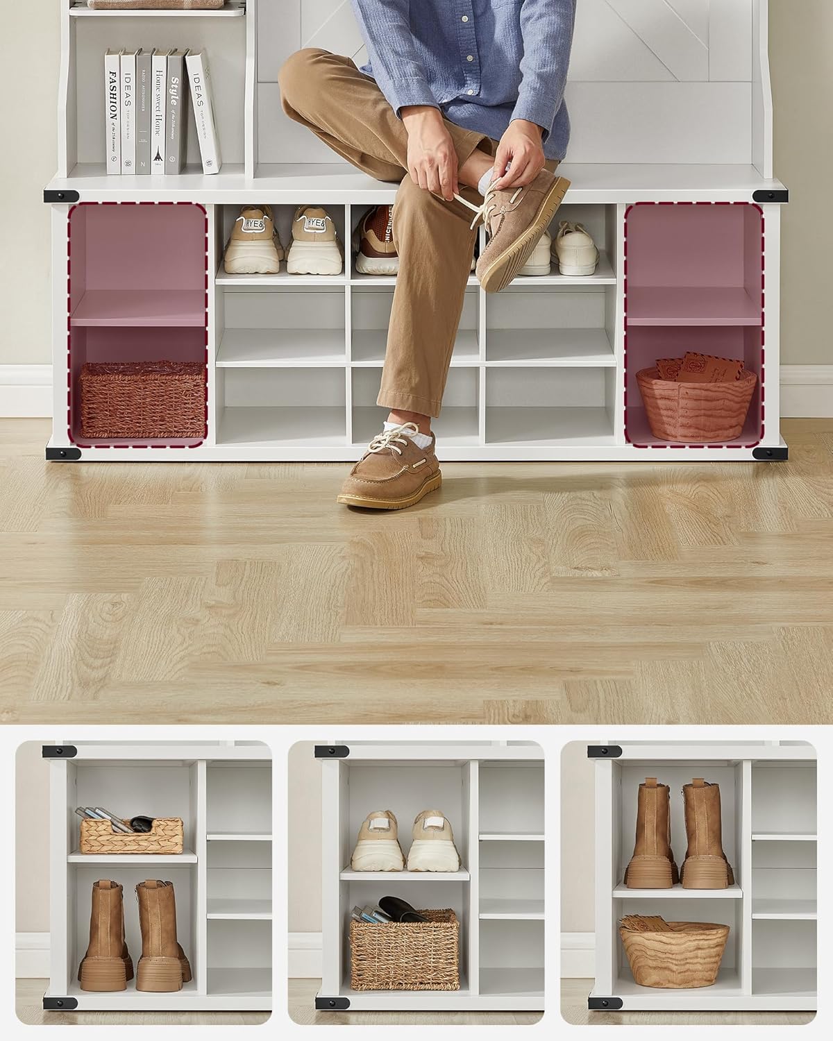VASAGLE Kleiderständer, Garderobe, Eingangsmöbel mit Schuhregal, verstellbare Ablagen, 20 offene Fächer, 6 Dreifach-Haken, Landhausstil, freistehend, für Eingangsbereich, Flur, wolkenweiß HSR440W03