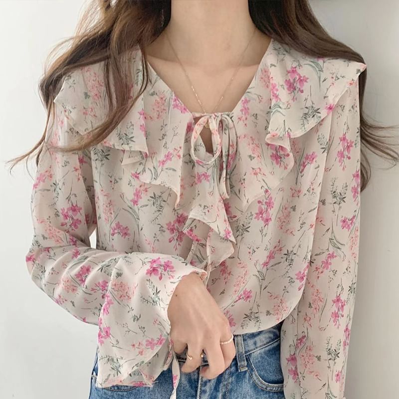 MELLO - Blouse met lange mouwen, kraag en bloemenprint en ruches