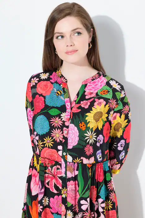 Maxikleid, Blüten, Stehkragen, 3/4-Arm, Volants, grasgrün