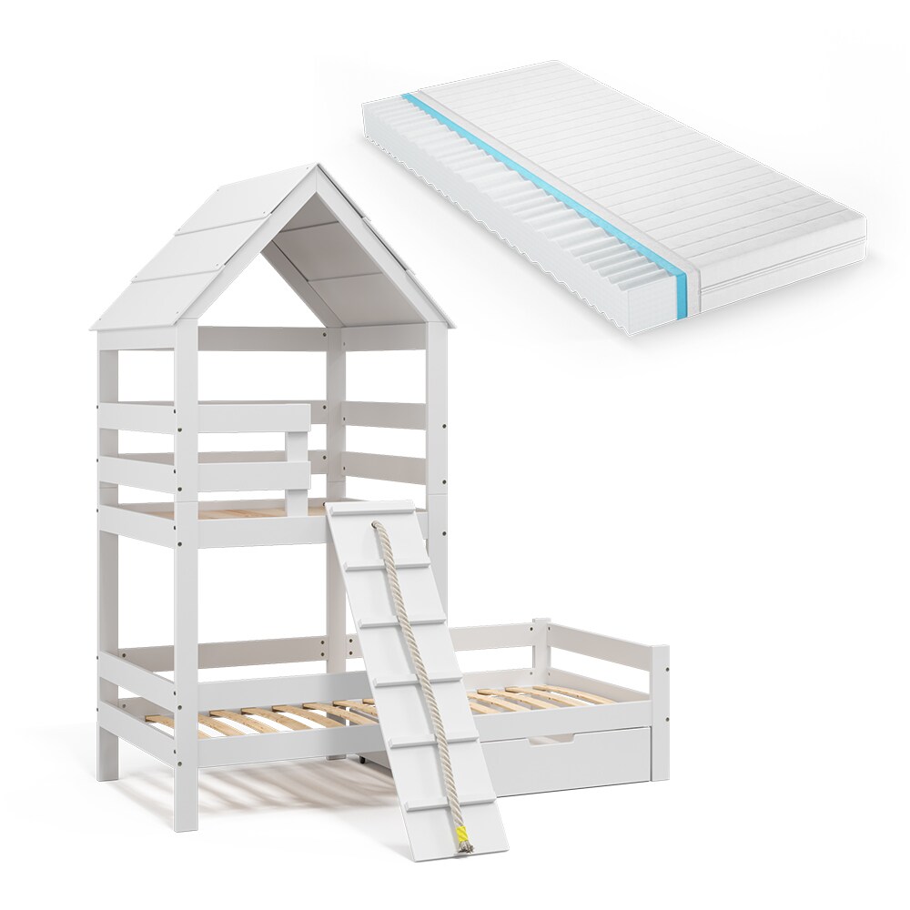 VitaliSpa Spielturmbett Kinderbett Spielbett Teddy Weiß modern 208x235 cm Massivholz Kinderzimmer Lattenrost Bett Schublade Matratze Abenteuerbett Kletterbett