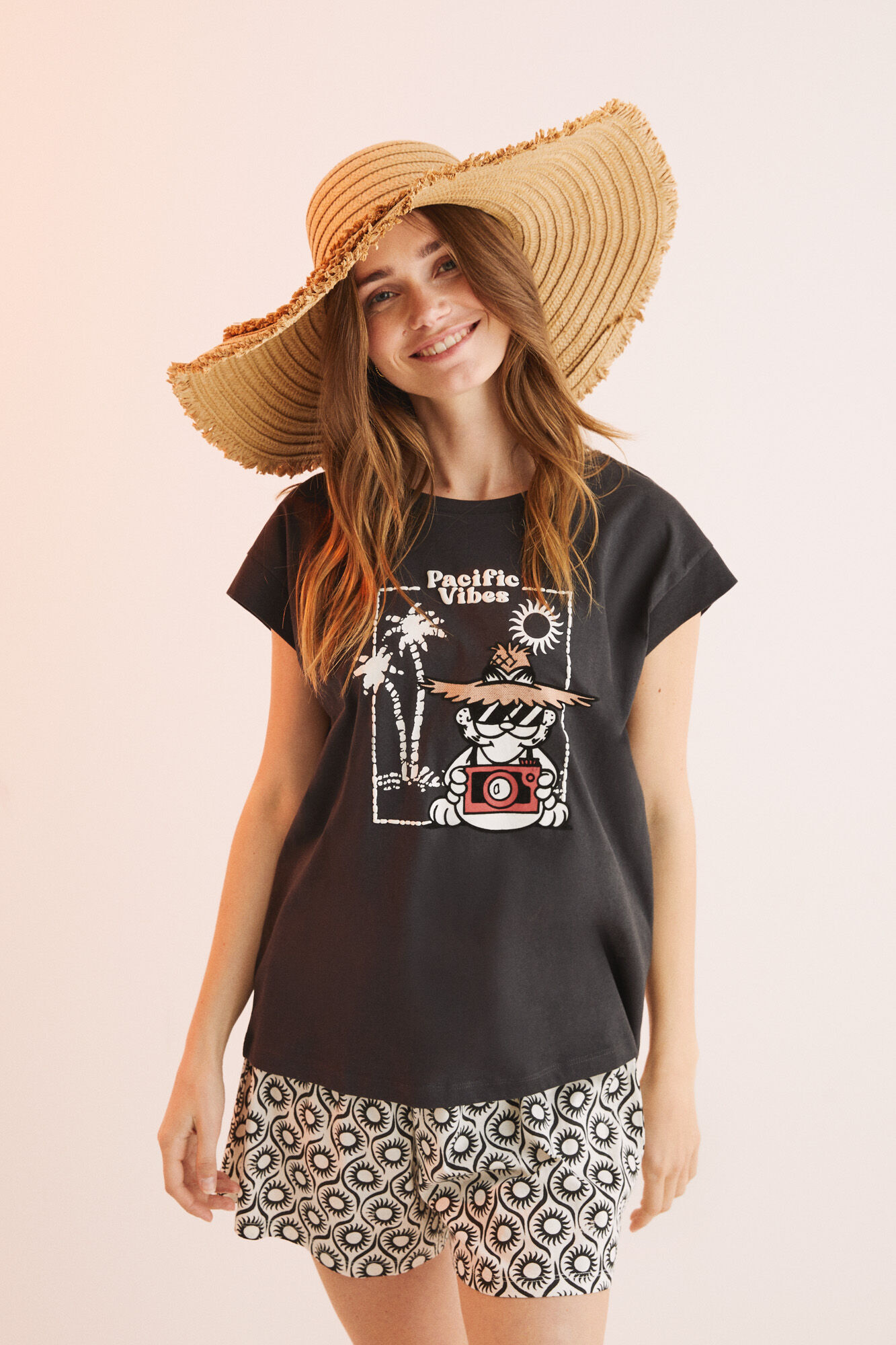 Pijama curto preto Garfield 100% algodão - preto
