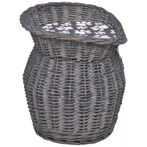 Cama de vime para gatos na cor cinza.
