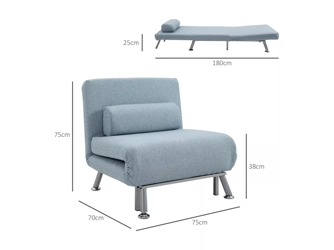 Fauteuil convertible 3 en 1 chauffeuse lit avec coussin bleu